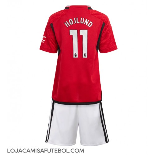 Camisa de Futebol Manchester United Rasmus Hojlund #11 Equipamento Principal Infantil 2023-24 Manga Curta (+ Calças curtas)